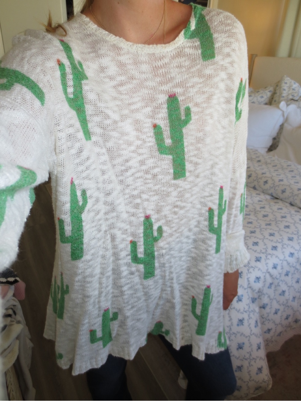 Women’s Cream Sweater with Green Cactus Print